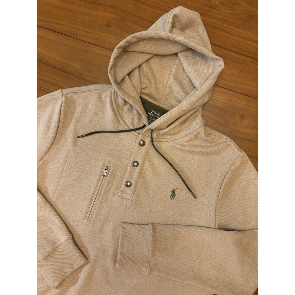 Polo Ralph Lauren Expedition Terry Henley Hoodie Men M Tan Brown Pullover Preppy